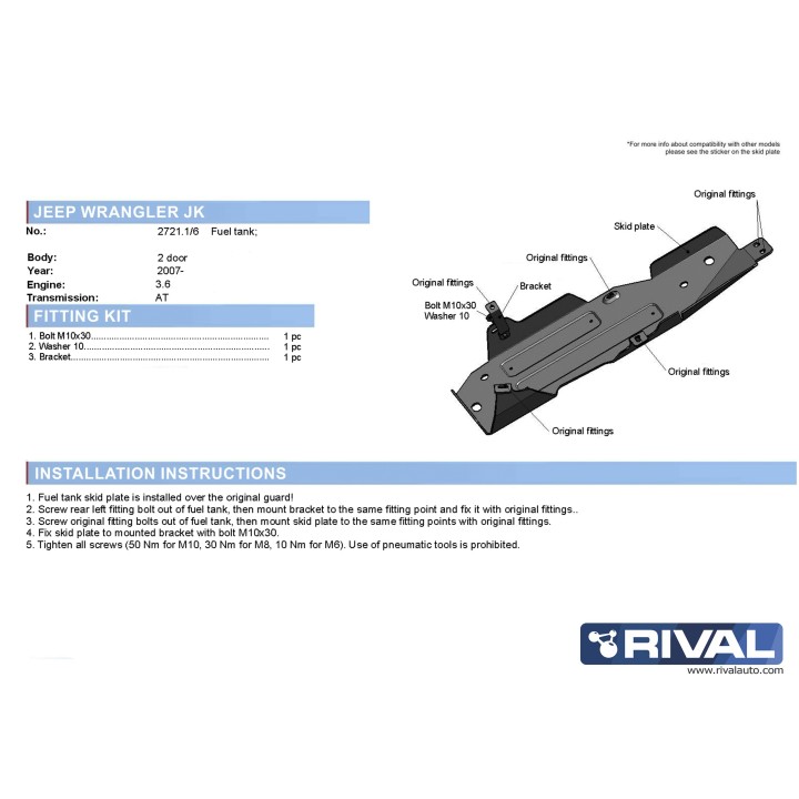 Plaque de protection reservoir de carburant Rival Jeep JK 3.6 / 3.8 (07-17)
